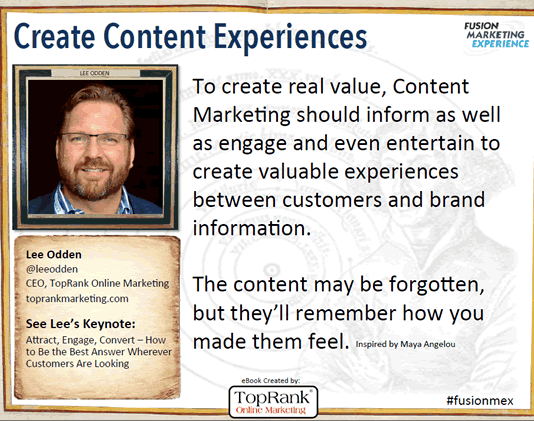 Lee Odden Content Marketing Conference Europe 2014 quote in the content marketing eBook by TopRank Online Marketing and i-SCOOP – via SlideShare